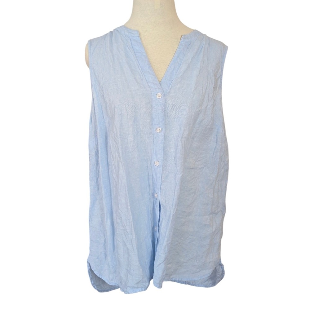 Tommy Bahama Womens Large Light Blue 100% Linen Sleeveless Button Front Blouse